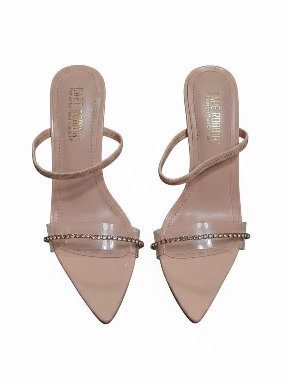 Cape Robbin Pointed Stiletto Heels with Clear Strap And Rhinestones